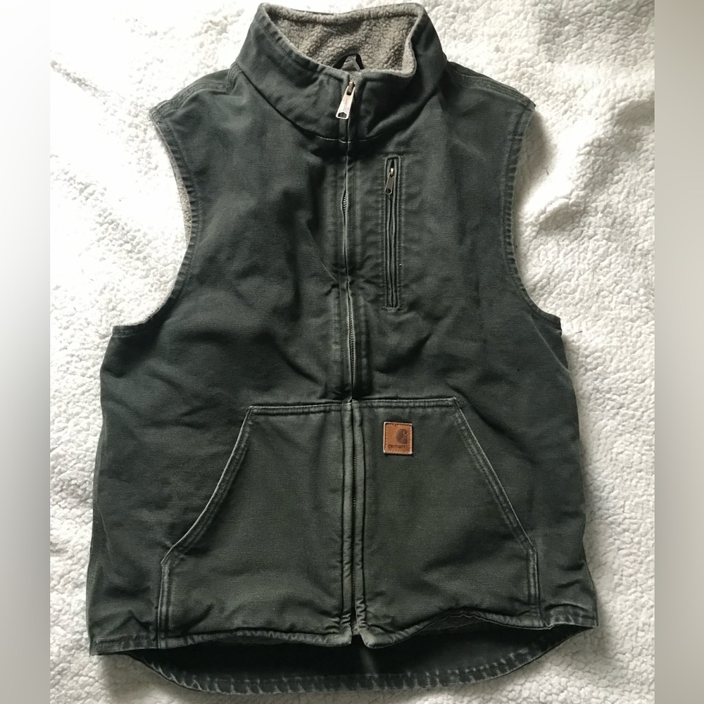 Vintage Carhartt Army Green Sage olive sherpa vest utility vest size medium